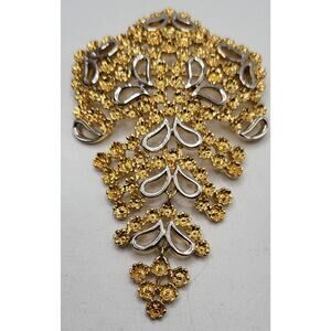 Vintage Articulated Dangle Brooch Gold Tone Silver Floral Statement Pin